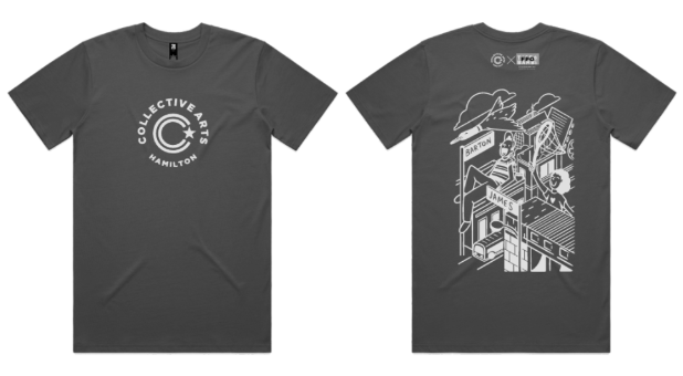 Grey t-shirt with art by Tessa Presta