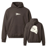 Two dark brown hoodies shown on a plain white background, with one front view and one back view. The front hoodie has a small white pennant graphic on the chest, and the back hoodie has a large white buffalo graphic on the back.