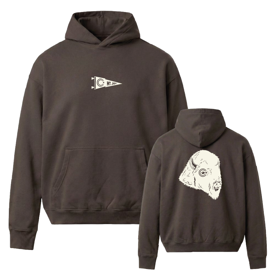 Two dark brown hoodies shown on a plain white background, with one front view and one back view. The front hoodie has a small white pennant graphic on the chest, and the back hoodie has a large white buffalo graphic on the back.
