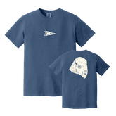 A blue short-sleeve t-shirt shown from both the front and back. The front features a small white and black flag graphic on the left chest, and the back features a large white graphic of a buffalo head with circular details.