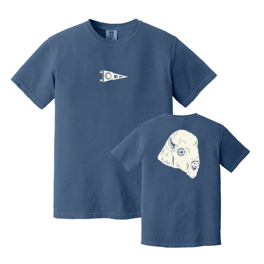 A blue short-sleeve t-shirt shown from both the front and back. The front features a small white and black flag graphic on the left chest, and the back features a large white graphic of a buffalo head with circular details.