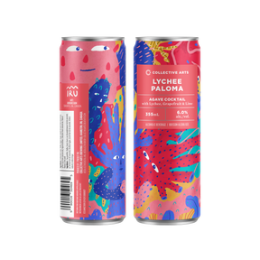 back and front of a can of Collective Art's Lychee Paloma Tropical Cocktail